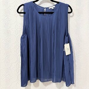 HALSTON Dark Blue Sheer Pleated Blouse Top Size Large Minimal Chic Career
